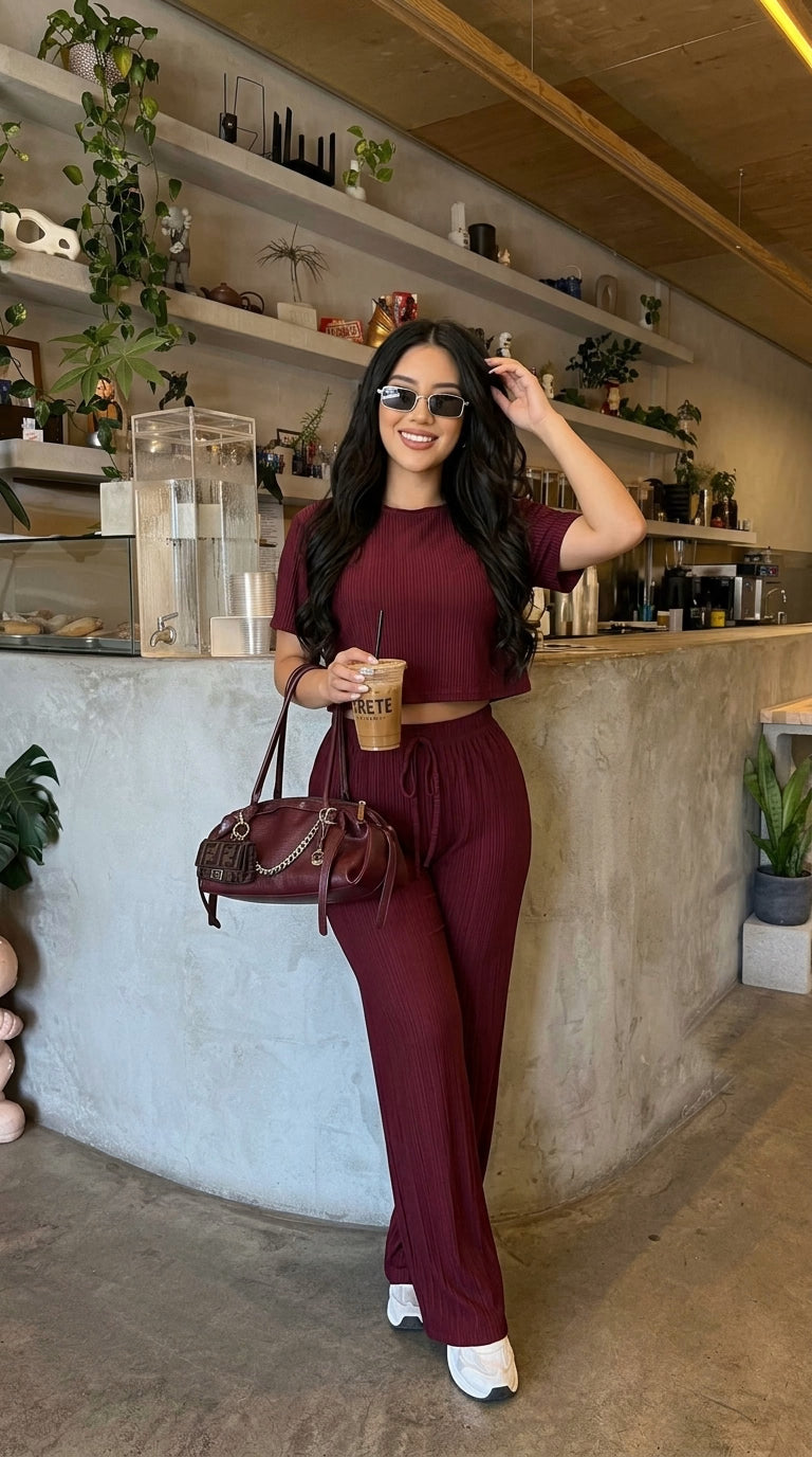 Conjunto Acanalado Crop + Pantalón Palazzo
